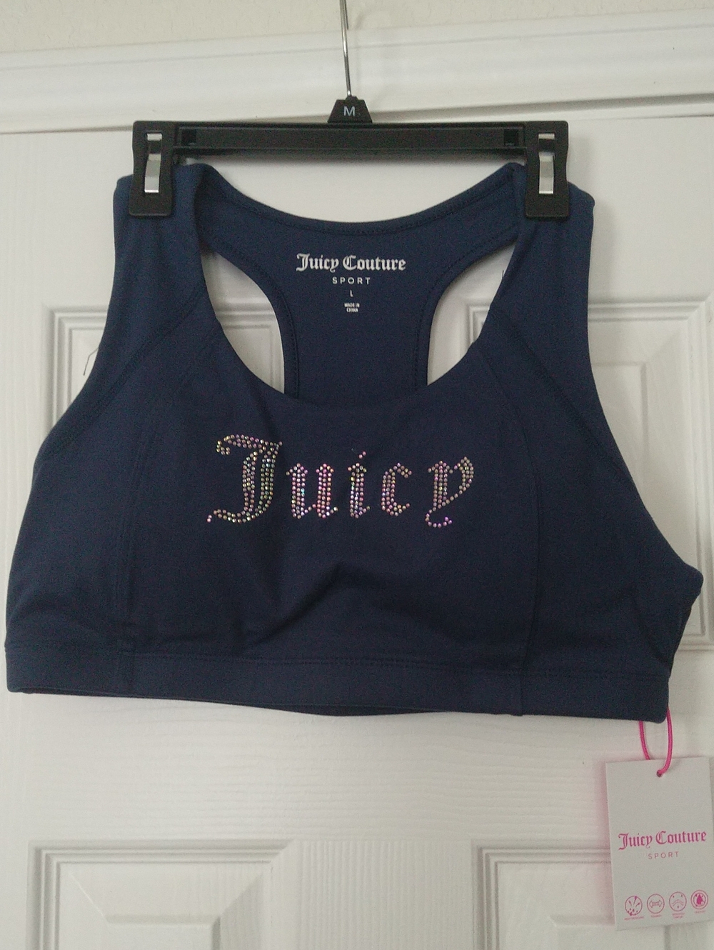 Juicy Couture Navy Rhinestone Embellished Juicy Logo Racerback Sports Bra Size L